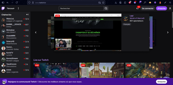 Ecran d'accueil de Twitch