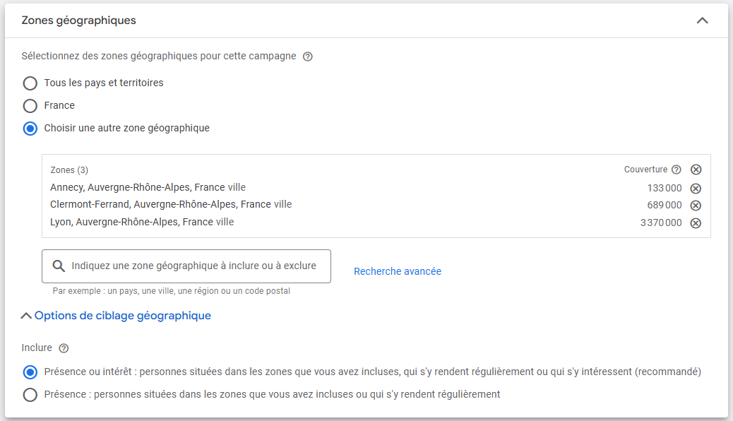 Ciblage géographique Google Ads
