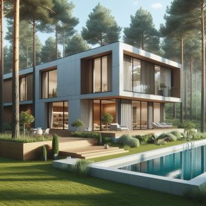 Image généré par IA qui représente une maison moderne style scandinave avec de grandes fenêtres et une piscine au milieu d'une forêt de pins.