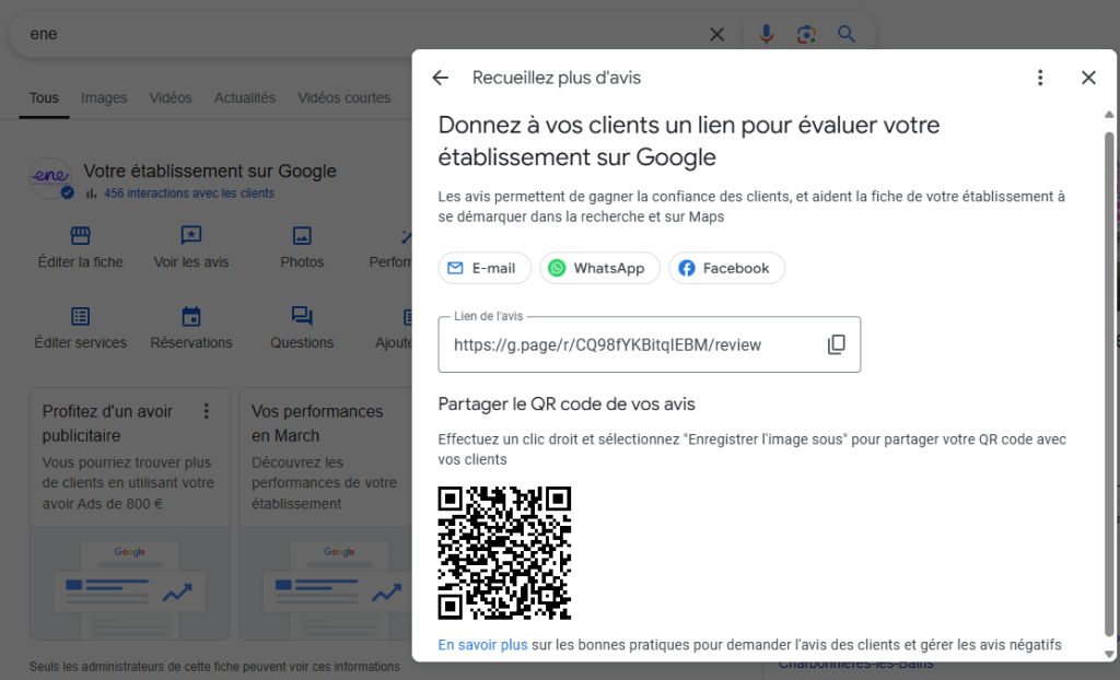lien et qr code pour demander des avis clients sur fiche Google