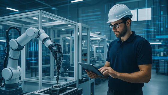 Technicien pilotant grâce à un support numérique un bras robotisé.