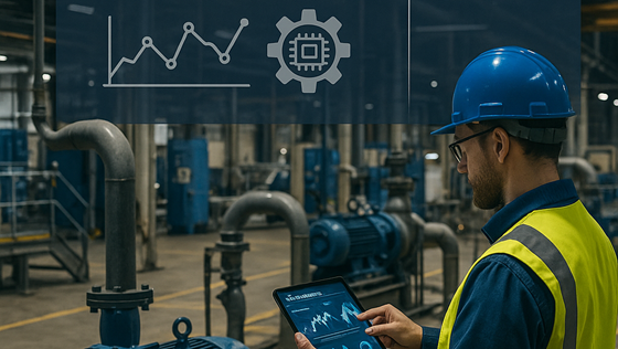 Un technicien dans une usine utilisant une tablette numérique pour vérifier les performances de son usine.