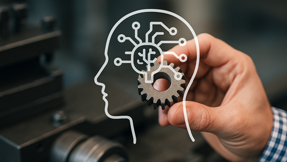 Pictogramme représentant l'intelligence artificielle juxtaposé à l'image d'un engrenage métallique.