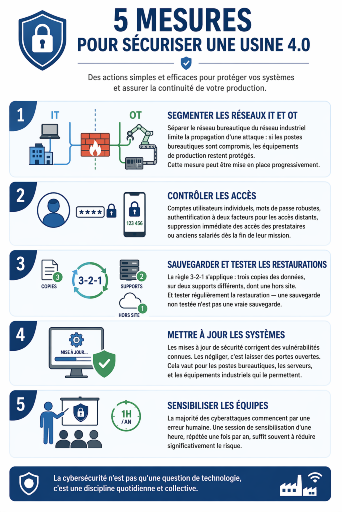 Segmenter les réseaux IT et OT. Séparer le réseau bureautique du réseau industriel limite la propagation d'une attaque : si les postes bureautiques sont compromis, les équipements de production restent protégés. Cette mesure peut être mise en place progressivement. Contrôler les accès. Comptes utilisateurs individuels, mots de passe robustes, authentification à deux facteurs pour les accès distants, suppression immédiate des accès des prestataires ou anciens salariés dès la fin de leur mission. Sauvegarder et tester les restaurations. La règle 3-2-1 s'applique : trois copies des données, sur deux supports différents, dont une hors site. Et tester régulièrement la restauration — une sauvegarde non testée n'est pas une vraie sauvegarde. Mettre à jour les systèmes. Les mises à jour de sécurité corrigent des vulnérabilités connues. Les négliger, c'est laisser des portes ouvertes. Cela vaut pour les postes bureautiques, les serveurs, et les équipements industriels qui le permettent. Sensibiliser les équipes. La majorité des cyberattaques commencent par une erreur humaine. Une session de sensibilisation d'une heure, répétée une fois par an, suffit souvent à réduire significativement le risque.