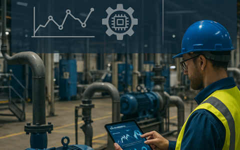 Un technicien dans une usine utilisant une tablette numérique pour vérifier les performances de son usine.