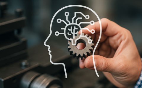 Pictogramme représentant l'intelligence artificielle juxtaposé à l'image d'un engrenage métallique.