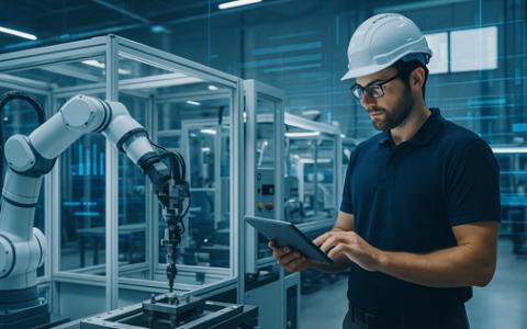 Technicien pilotant grâce à un support numérique un bras robotisé.